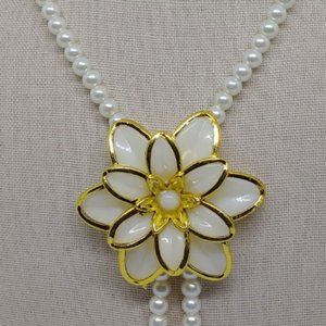 Pearl Necklace with a Large White Polished Glass Flower Shape Pendant